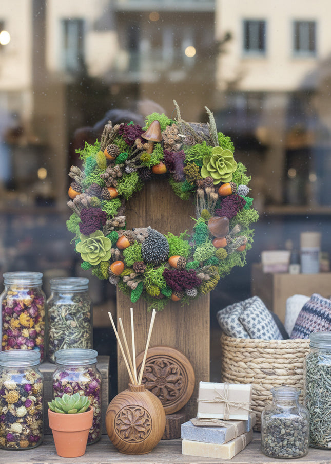 Coroniță Handmade „Prietenii Pădurii” cu Arici și Licheni – Decor Artizanal din Mușchi Stabilizat și Elemente Naturale