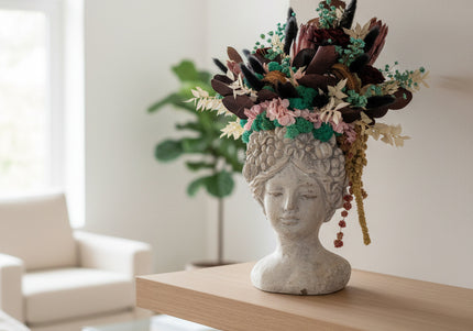 Aranjament floral „Velvet Muse” în bust sculptural – protea, hortensie și accente botanice