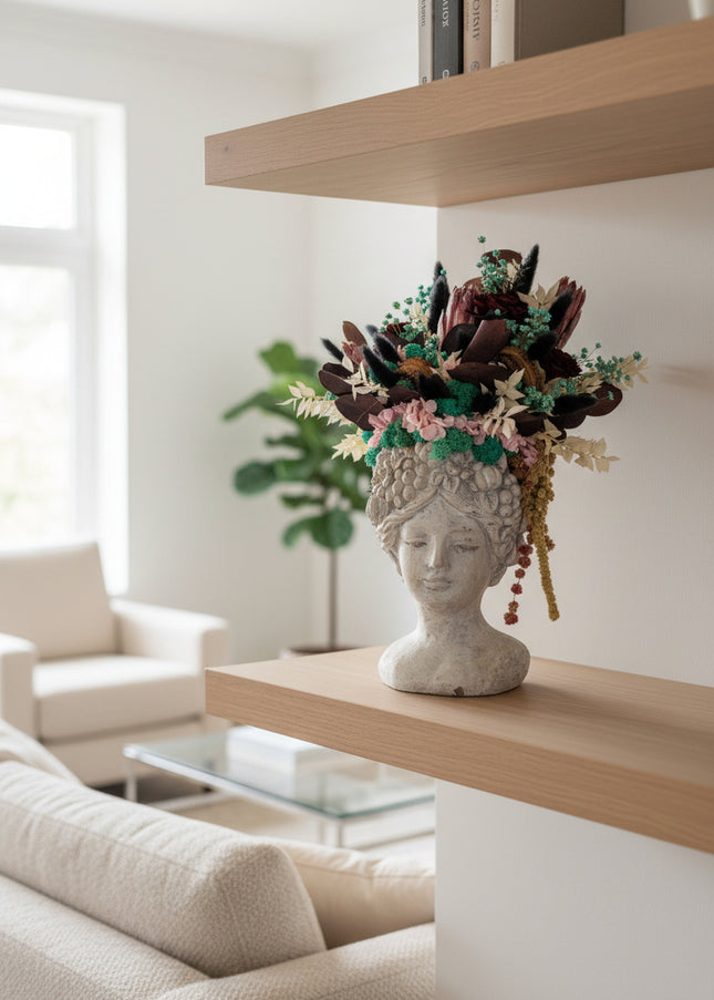 Aranjament floral „Velvet Muse” în bust sculptural – protea, hortensie și accente botanice
