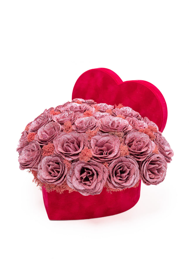 Aranjament Floral "Glitter Heart" în Cutie de Catifea