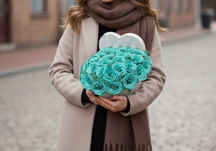Aranjament de Lux „Turquoise Heart Serenity” în Cutie Inimă