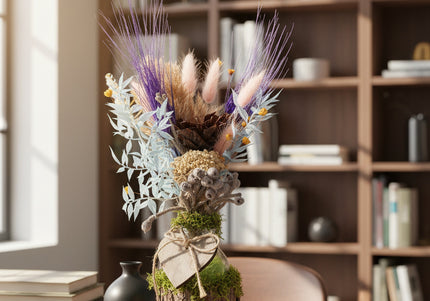 Mini-Aranjament Floral „Boho Heart” în Suport de Scoarță – Decor cu Flori Uscate, Licheni și Inimioară de Lemn