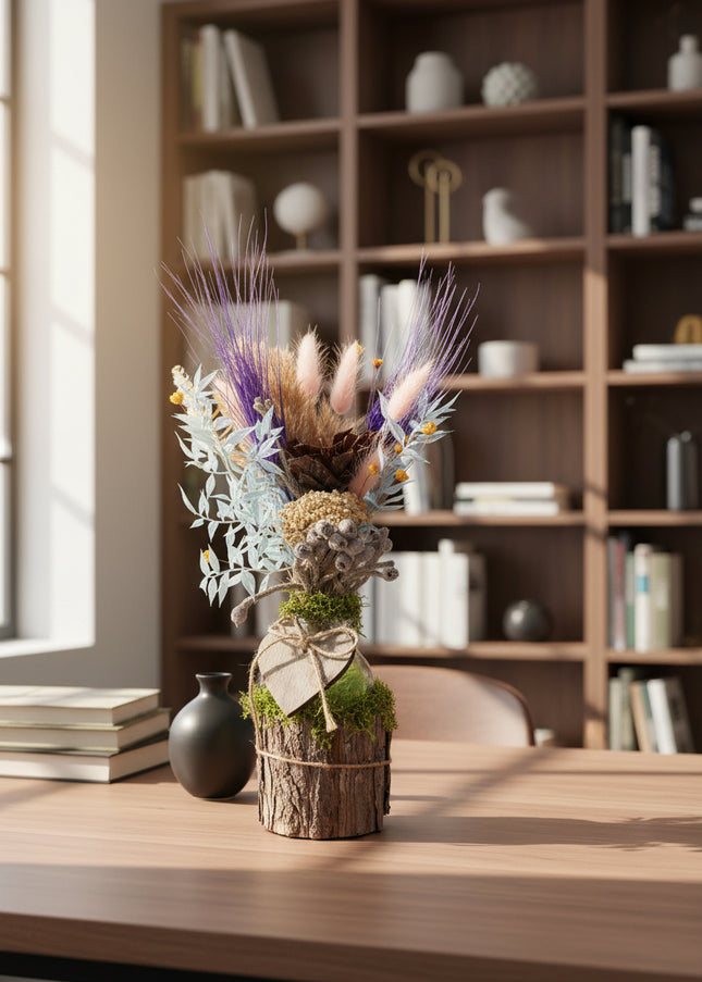 Mini-Aranjament Floral „Boho Heart” în Suport de Scoarță – Decor cu Flori Uscate, Licheni și Inimioară de Lemn