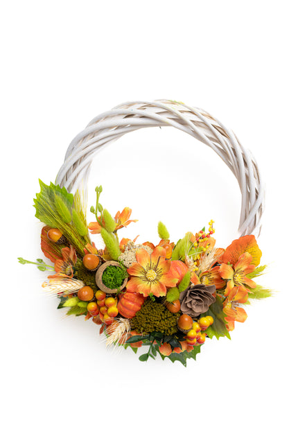Coroniță Handmade „Autumn Glow” – Aranjament Floral pe Bază de Răchită Albă cu Flori de Dovleac și Spice