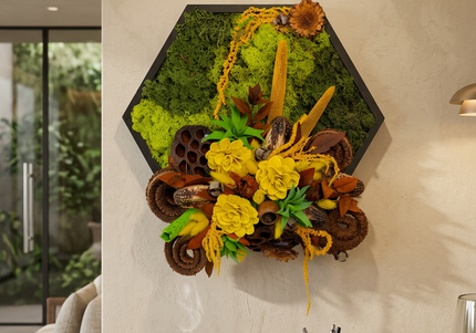 Tablou decorativ hexagonal „Golden Grove” – compoziție în tonuri aurii și naturale