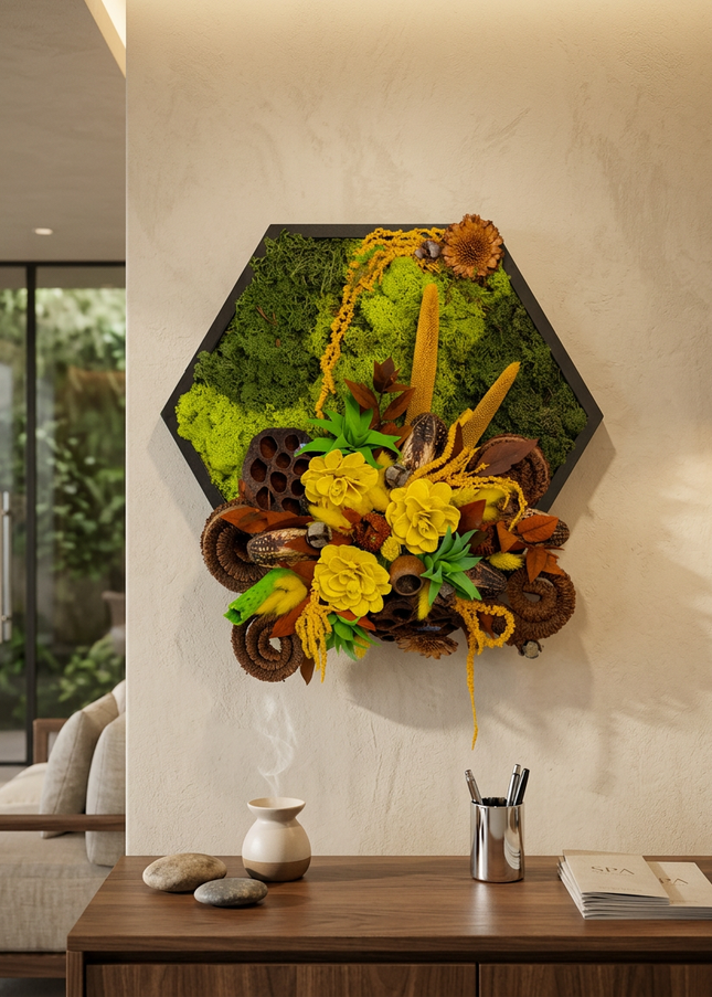 Tablou decorativ hexagonal „Golden Grove” – compoziție în tonuri aurii și naturale