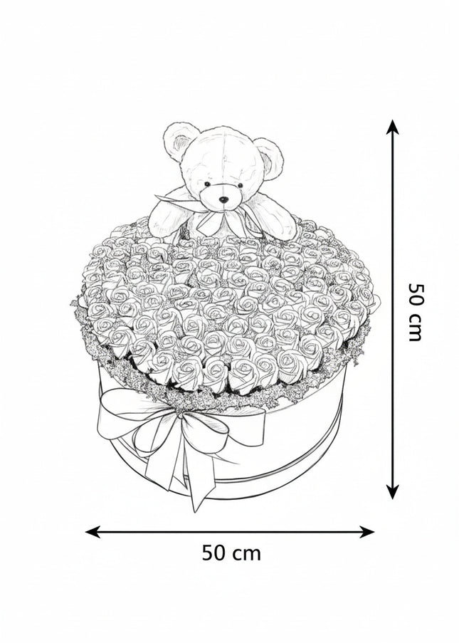 Aranjament Lux Trandafiri Săpun Roz & Lila, Ursulet Gri