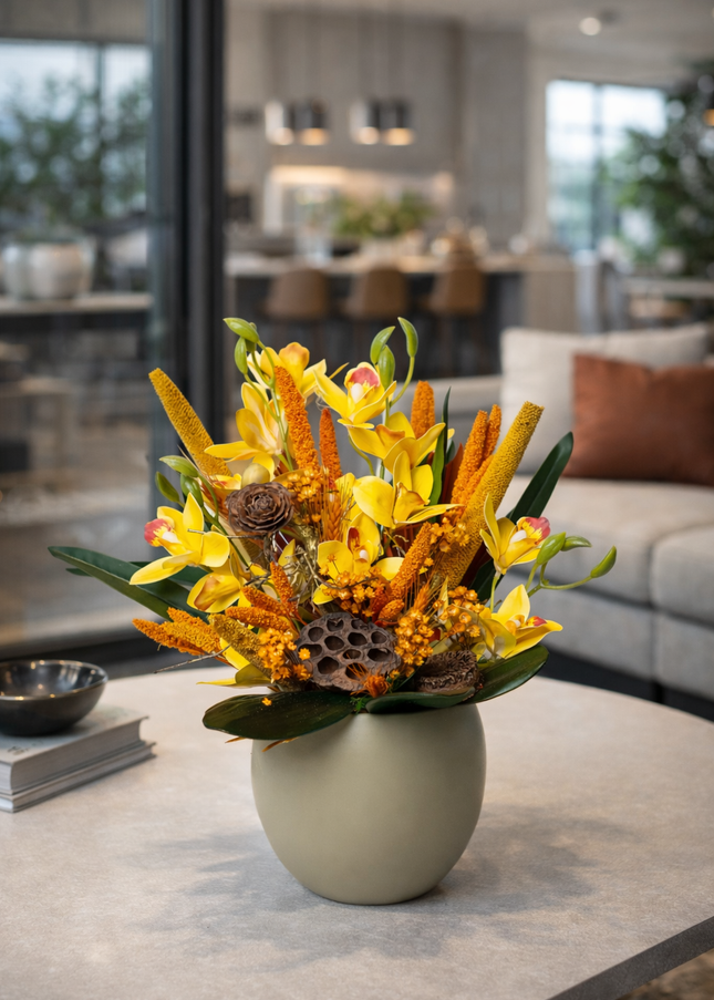 Aranjament floral „Sunset Glow” în vas ceramic – orhidee galbene și accente calde