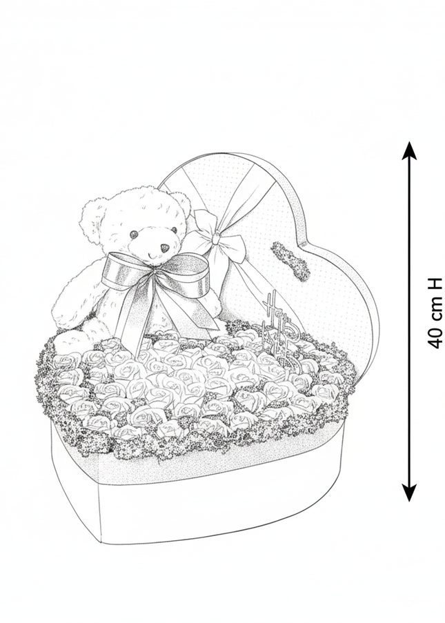 Aranjament Inimă Lux 39 Trandafiri Săpun și Ursulet
