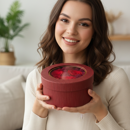 Aranjament Lux 3 Trandafiri Criogenați Roșii, Cutie cu Fereastră