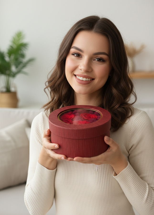 Aranjament Lux 3 Trandafiri Criogenați Roșii, Cutie cu Fereastră