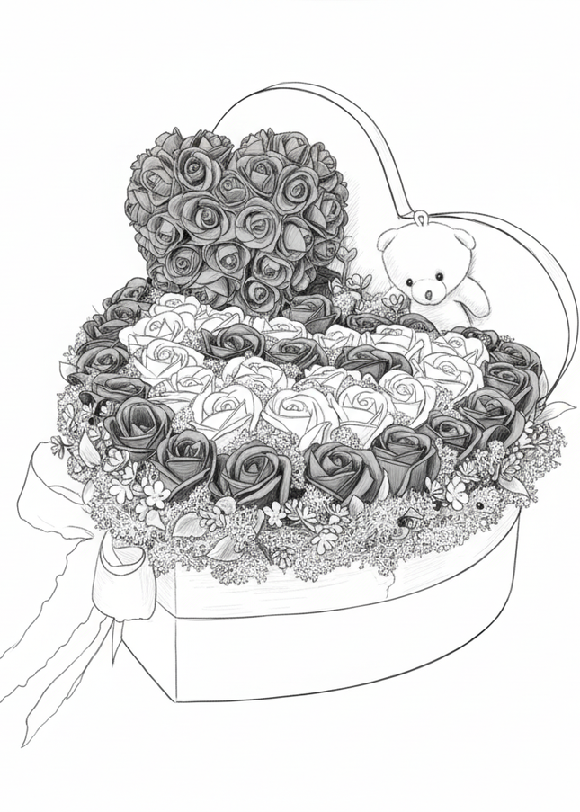 Aranjament Inimă Lux Trandafiri Săpun Albastru-Alb & Ursulet