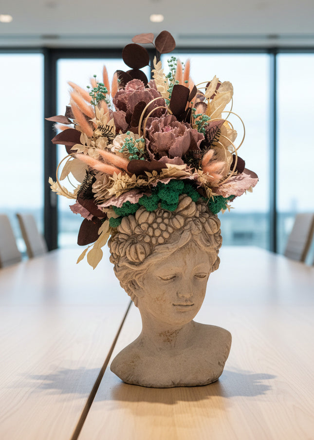Aranjament floral „Mystic Bloom” în bust sculptural – flori uscate, eucalipt și accente turcoaz