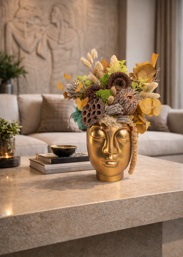 Aranjament Floral „Zen Reflection” în Vas Sculptural Auriu – Compoziție Handmade cu Lotus, Banksia și Licheni Vibrant