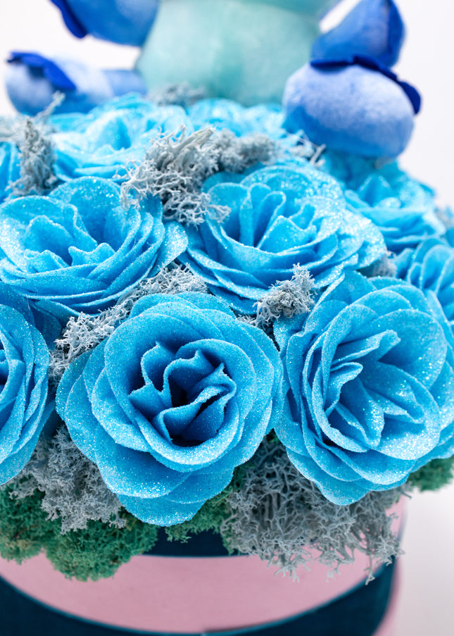 Aranjament 23 Trandafiri Imperiali Săpun (Glitter) & Pluș Stitch