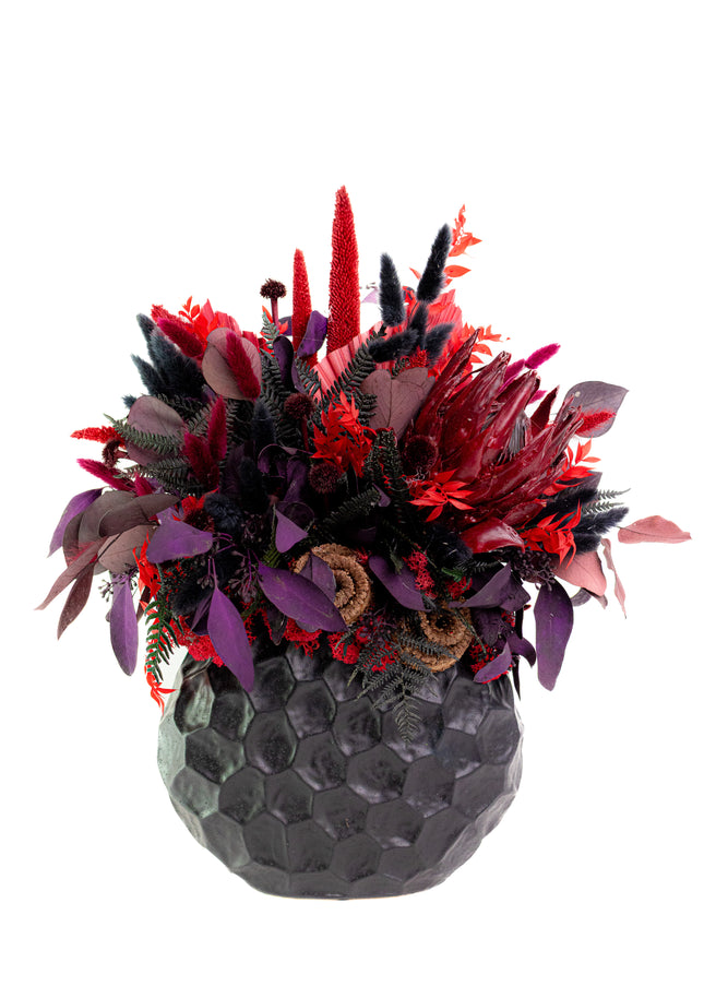 Aranjament Floral „Crimson Night” în Vas Negru Texturat – Compoziție Luxury cu Protea King, Plante Criogenate și Accente Gotic-Chic
