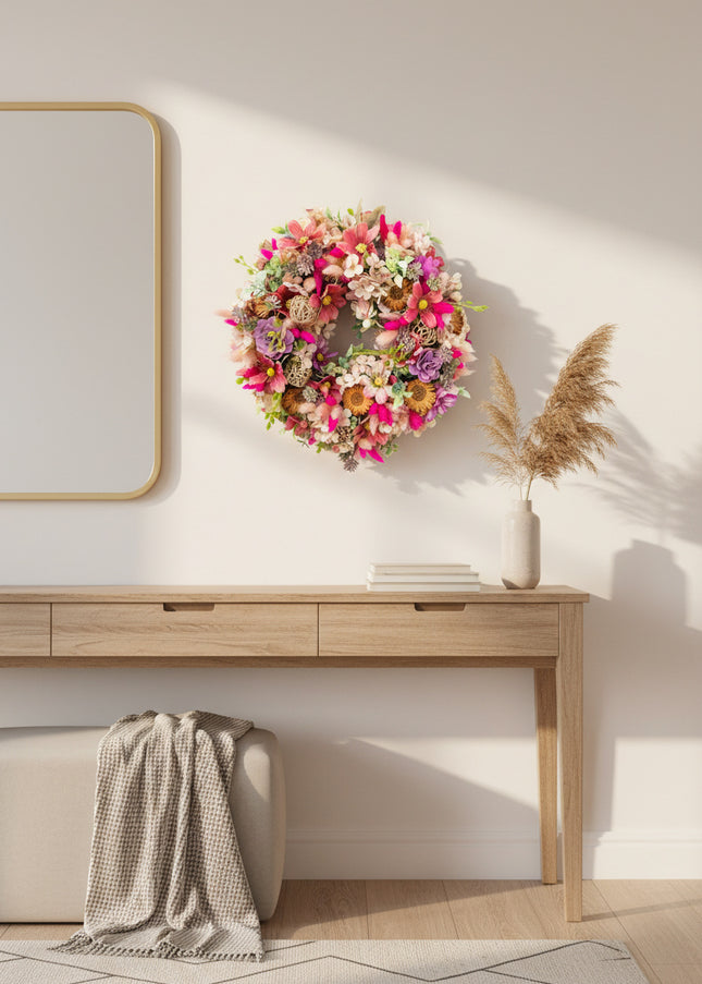 Coroniță Florală „Wildflower Celebration” – Aranjament Handmade Bogat cu Flori Uscate, Criogenate și Accente Boho