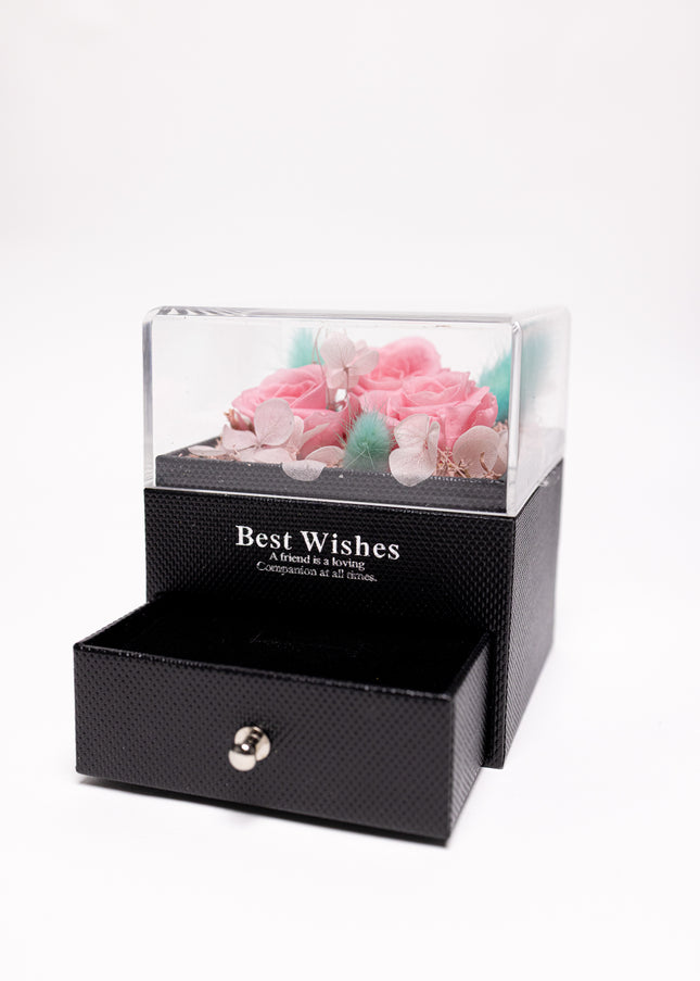 Aranjament 3 Trandafiri Criogenați Roz, Cutie Acrilică "Best Wishes"