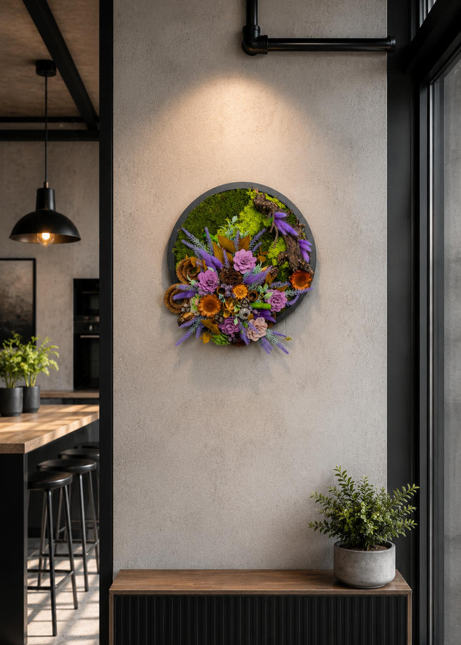 Tablou decorativ „Purple Forest” – aranjament decorativ cu mușchi și flori