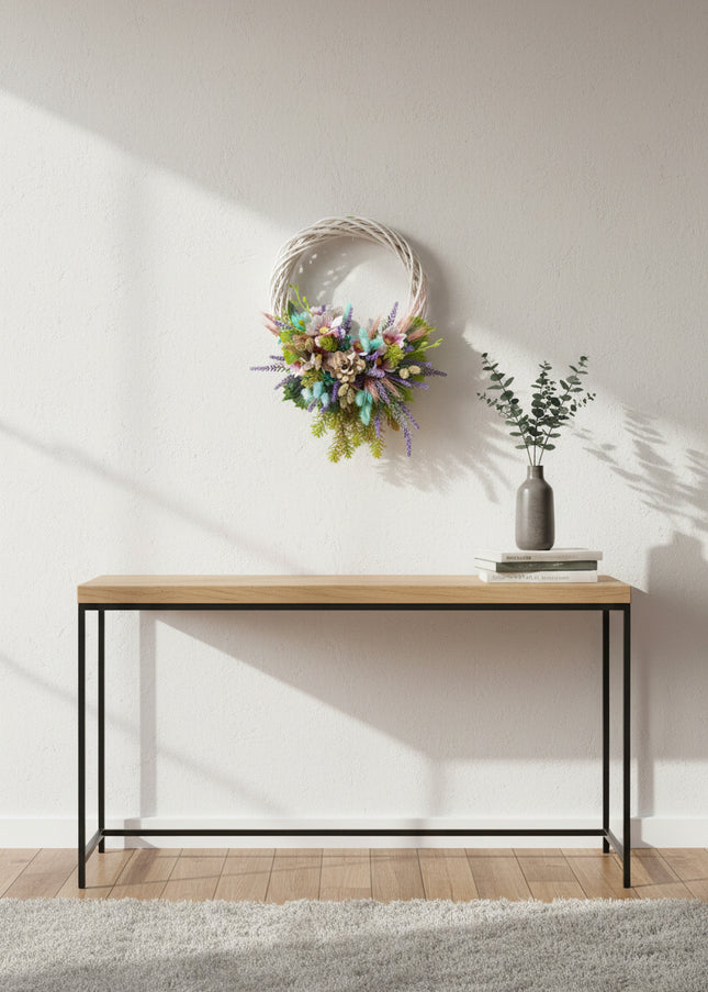 Coroniță Handmade „Spring Breeze” – Aranjament pe Bază de Răchită Albă cu Flori Pastelate