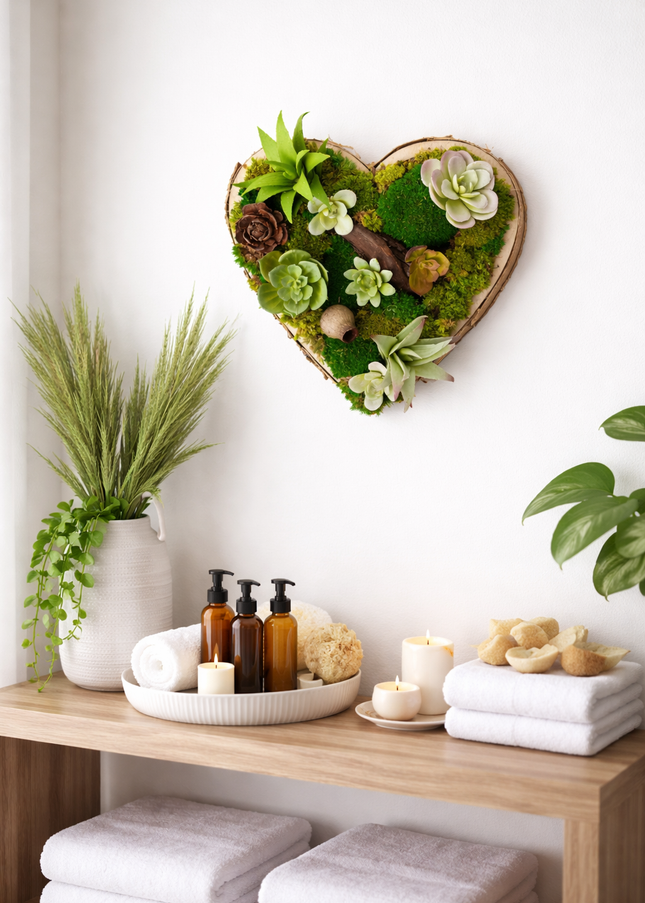 Tablou decorativ „Forest Heart Mini” – inimă cu suculente și mușchi stabilizat