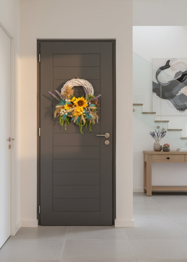 Coroniță Handmade „Sun-Kissed Garden” – Aranjament Floral cu Floarea-Soarelui și Lagurus Turcoaz pe Răchită Albă