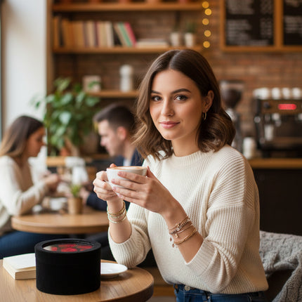 Aranjament Lux 5 Trandafiri Criogenați Roșii, Cutie Catifea Neagră