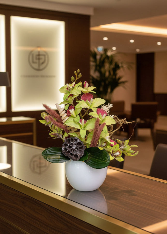 Aranjament Floral „Emerald Orchid” în Vas Ceramic Alb – Compoziție Handmade cu Orhidee Verzi, Lotus și Accente Naturale