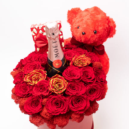 Aranjament Lux 21 Trandafiri Criogenați Roșii, Șampanie Moët & Ursulet