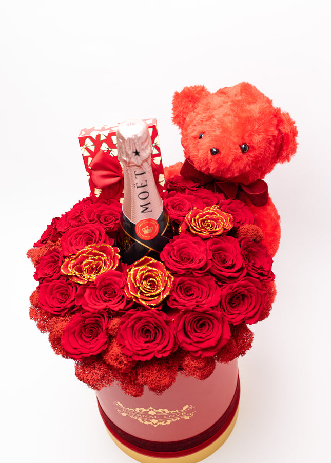 Aranjament Lux 21 Trandafiri Criogenați Roșii, Șampanie Moët & Ursulet