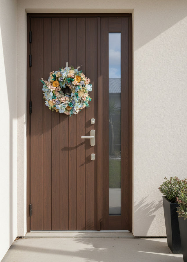 Coroniță Florală „Azure Serenity” – Aranjament Handmade cu Hortensii Bleu, Flori de Lemn și Accente de Lagurus