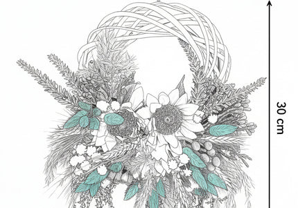 Coroniță Handmade „Sun-Kissed Garden” – Aranjament Floral cu Floarea-Soarelui și Lagurus Turcoaz pe Răchită Albă