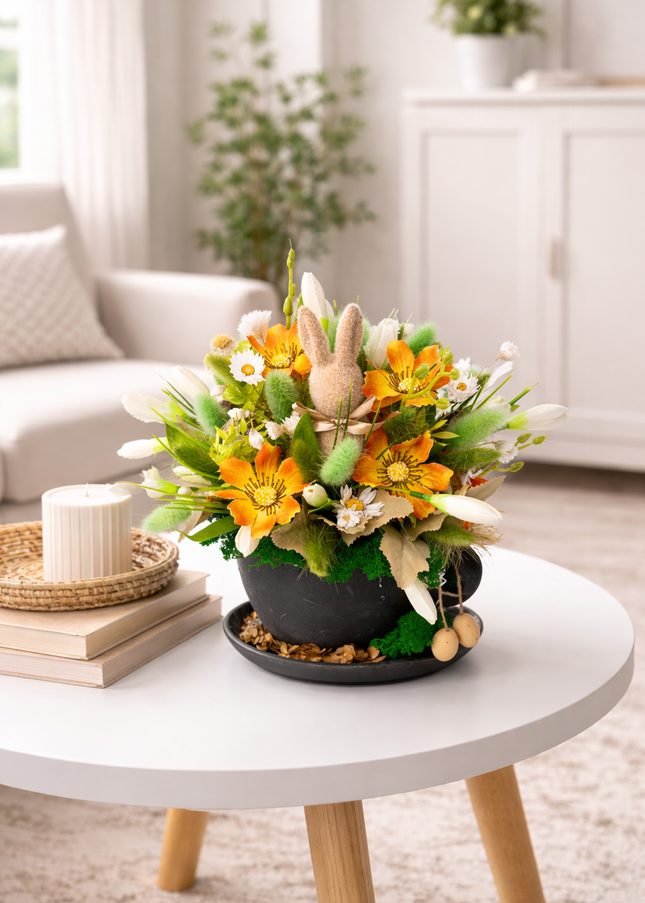 Aranjament de Paște „Sunny Bunny Pot” – decor floral cu iepuraș și accente naturale