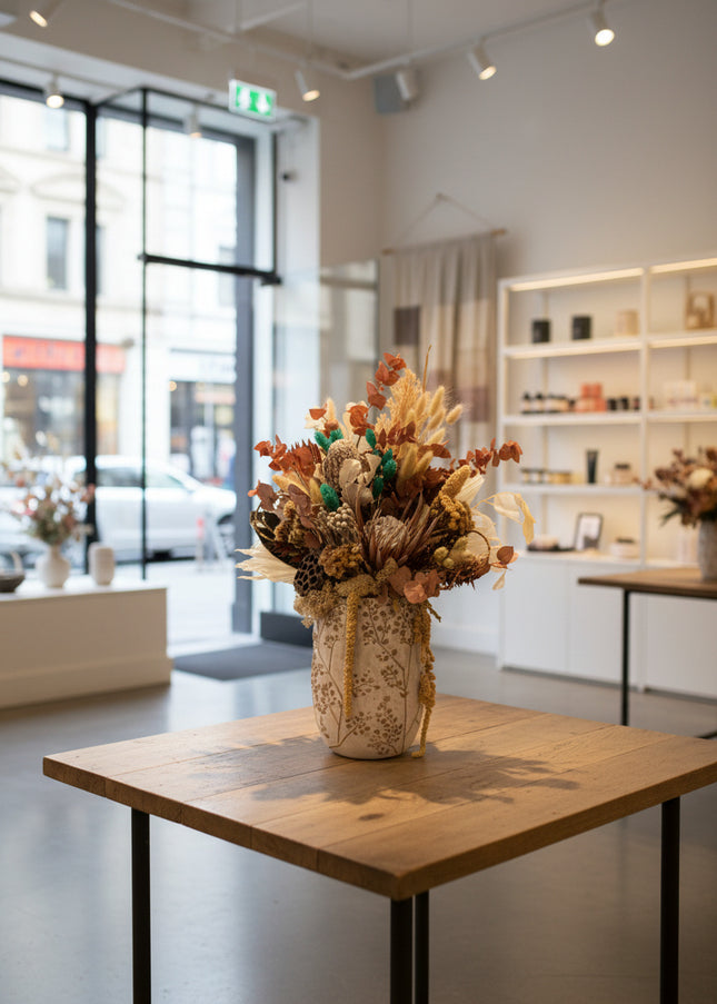 Aranjament Floral „Boho Azure” în Vază Ceramică Texturată – Compoziție Handmade cu Protea, Eucalipt Arămiu și Accente Turcoaz