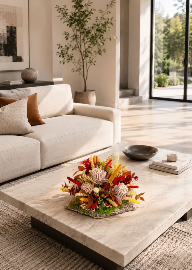 Aranjament floral „Rustic Glow” – compoziție în tonuri calde de toamnă
