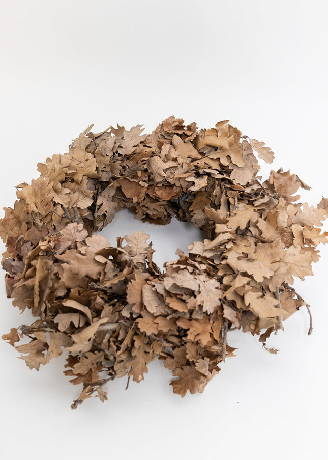 Coroniță Decorativă din Frunze de Stejar Uscate – Aranjament Natural Rustic, Tonuri Cafenii