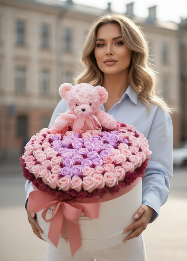 Aranjament Lux Trandafiri Săpun Roz & Lila, Ursulet Gri