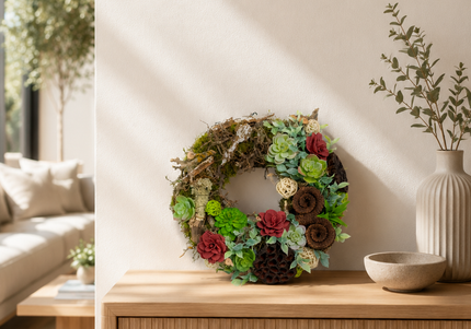 Coroniță decorativă „Rustic Bloom” – decor natural cu accente burgundy