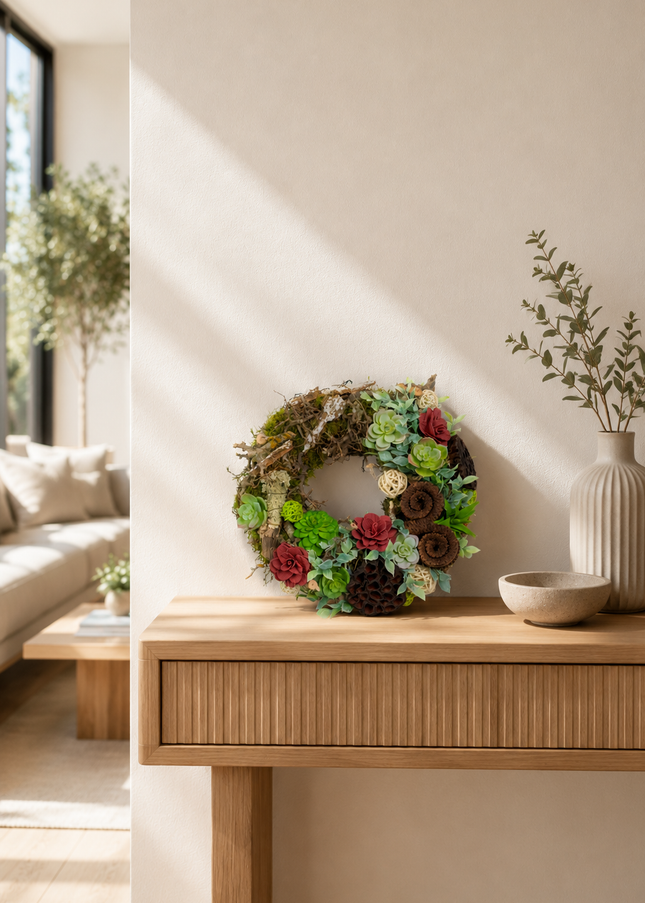 Coroniță decorativă „Rustic Bloom” – decor natural cu accente burgundy