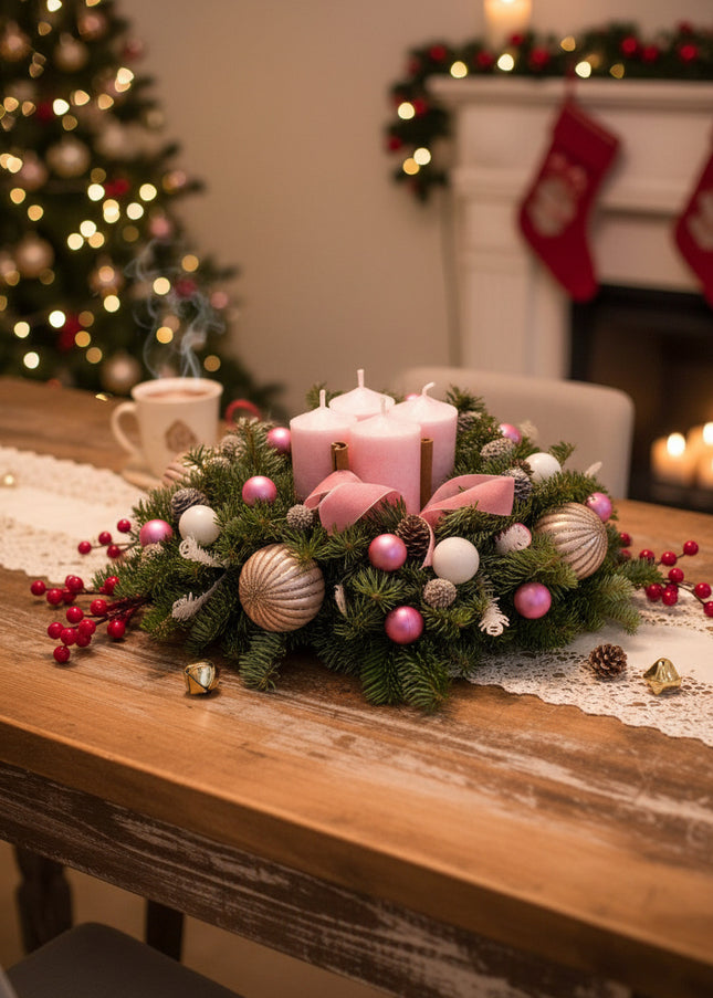 Aranjament Crăciun Advent "Pink Velvet" din brad Nobilis