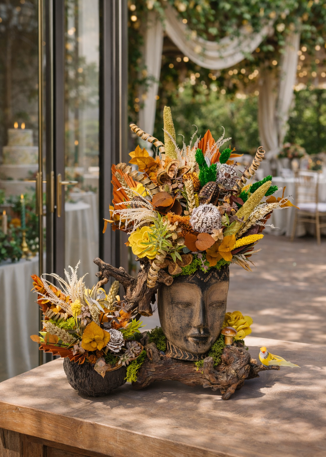 Aranjament floral „Autumn Spirit” în bust sculptural – compoziție rustică cu flori uscate și elemente naturale