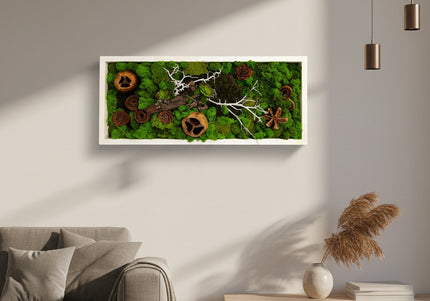 Tablou Biophilic „Forest Moss Panorama” – Panou Decorativ Handmade cu Mușchi, Licheni Stabilizați și Elemente de Pădure