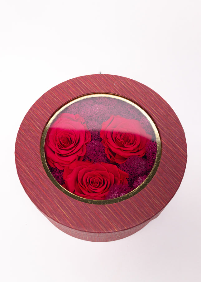 Aranjament Lux 3 Trandafiri Criogenați Roșii, Cutie cu Fereastră