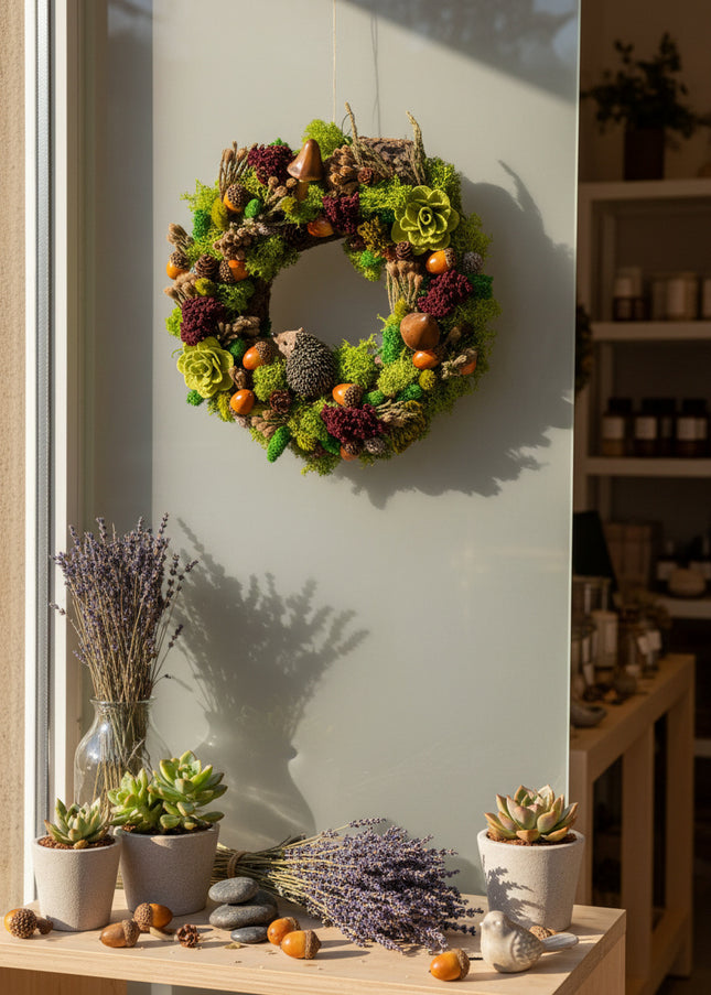 Coroniță Handmade „Prietenii Pădurii” cu Arici și Licheni – Decor Artizanal din Mușchi Stabilizat și Elemente Naturale