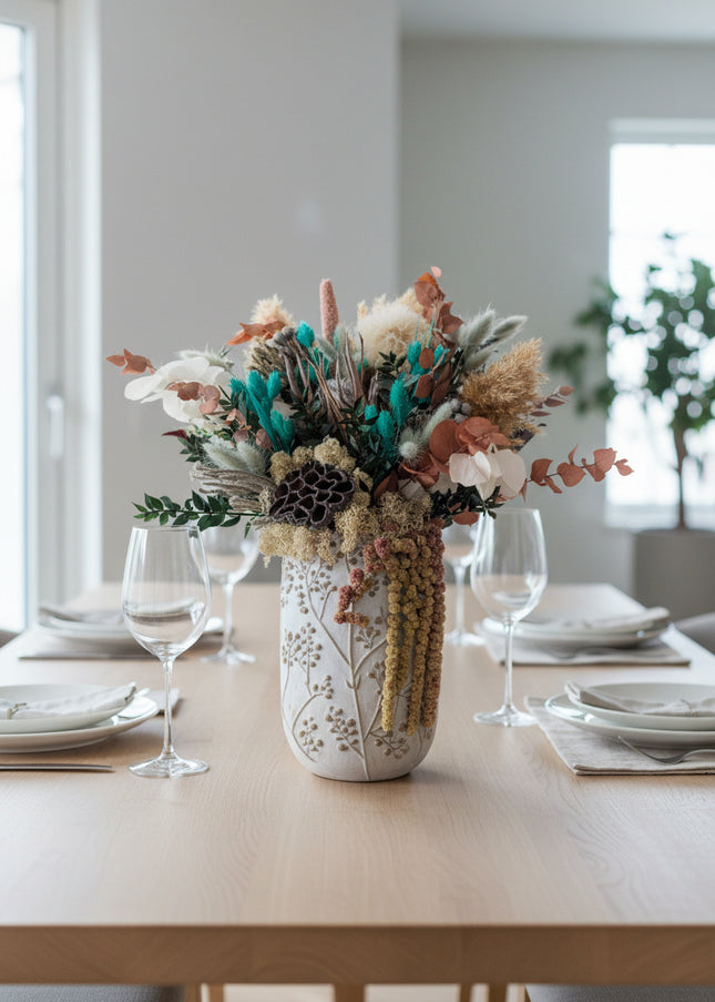Aranjament Floral „Emerald & Earth” în Vază Ceramică Înaltă – Decor Premium cu Protea, Eucalipt Arămiu și Accente Turcoaz
