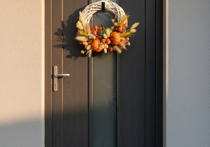 Coroniță Handmade „Autumn Bounty” – Decor de Toamnă cu Mini-Dovleci, Spice și Frunze Ruginii pe Răchită Albă