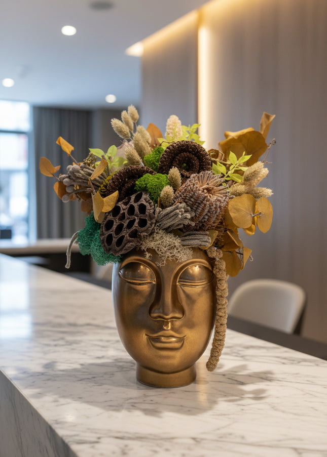 Aranjament Floral „Zen Reflection” în Vas Sculptural Auriu – Compoziție Handmade cu Lotus, Banksia și Licheni Vibrant