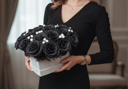 Aranjament "Black Diamond" în Cutie Inimă Albă