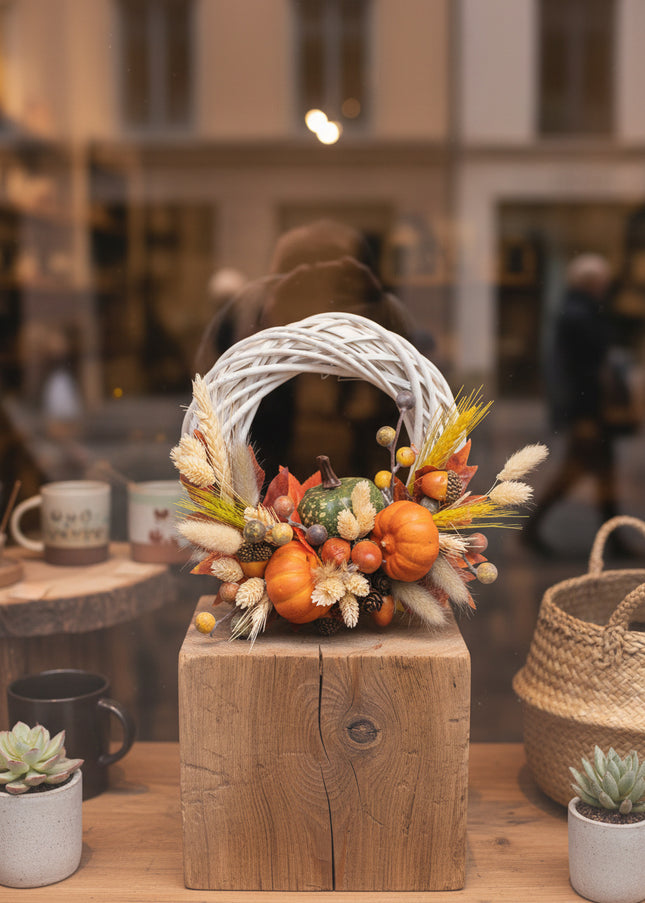 Coroniță Handmade „Autumn Bounty” – Decor de Toamnă cu Mini-Dovleci, Spice și Frunze Ruginii pe Răchită Albă