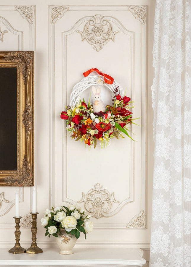 Coroniță florală de Paște „Easter Nest” – decor festiv cu iepuraș, flori și accente naturale